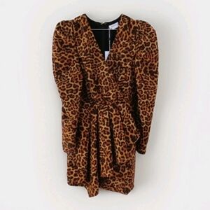 Lovers + Friends Dress Womens Small New Leopard Animal Print Puff Sleeve Mini
